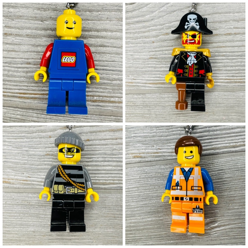 4 large Lego mini figure flash lights keychain pirate , burglar , lego movie II